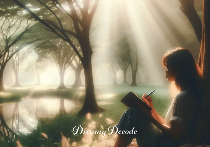 dead black bird dream meaning _ The dreamer, sitting under the tree, holding a journal and a pen, appears to be deep in thought, pondering over the symbolic meaning of the dream. The surrounding forest is calm and bathed in soft sunlight, enhancing the introspective mood.