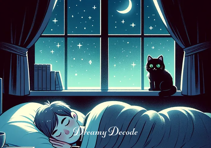 dream about black cats meaning _ A peaceful bedroom scene at night with a large window showcasing a starry sky. In the foreground, a person sleeps soundly under a cozy blanket, a soft smile on their face. On the windowsill, a small black cat with bright green eyes sits quietly, gazing at the sleeper.