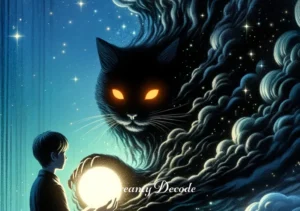 dream about black cats meaning _ The final scene of the dream shows the black cat transforming into a cloud of shimmering, black mist, which gently envelops the dreamer. The mist then dissipates, revealing a bright, glowing orb in the dreamer's hands. The dreamer gazes at the orb with a sense of understanding and peace.