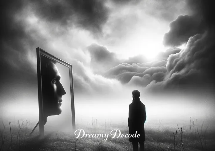 dream in black and white meaning _ A monochrome dreamscape where a person gazes into a mirror, seeing a colorless reflection. The mirror, standing in an open, misty field under a cloudy sky, reflects the person
