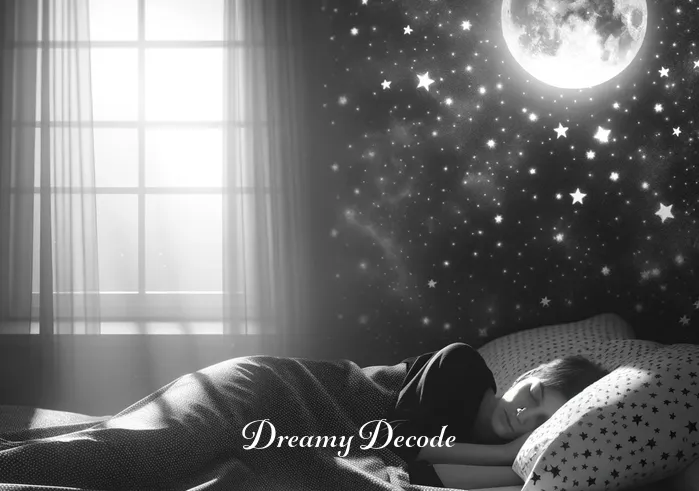 dream in black and white meaning _ A serene, black and white bedroom scene with an individual peacefully sleeping under a star-patterned blanket. Soft moonlight filters through the window, casting gentle shadows, suggesting a tranquil and deep sleep where dreams in black and white might occur.