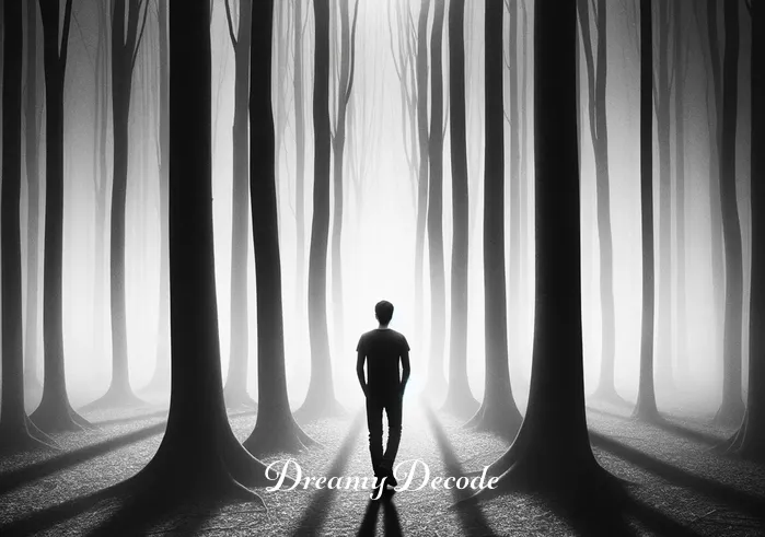 dream in black and white meaning _ An image of a person walking through a foggy, grayscale forest, where the trees are tall and shadows are long. The person