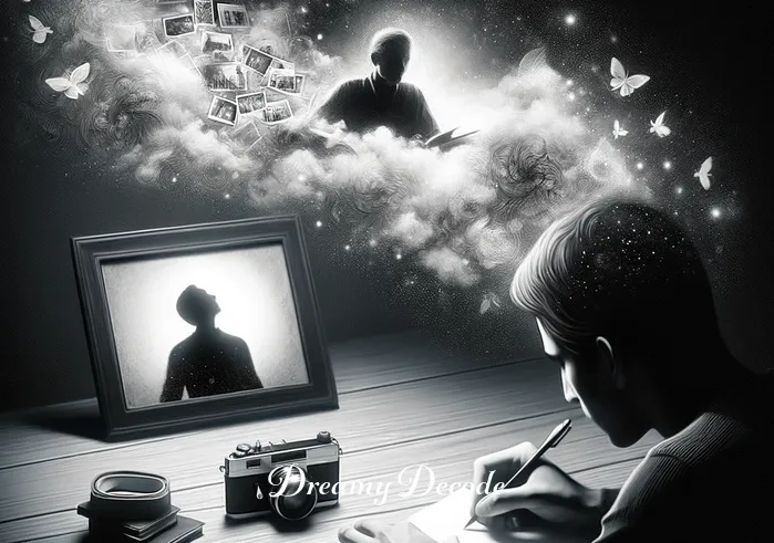 dream in black and white meaning _ A depiction of a person sitting at a desk, writing in a journal with a black and white photograph beside them. The photograph shows a meaningful moment or person, and the individual pensively writes, symbolizing the process of interpreting and understanding black and white dreams.