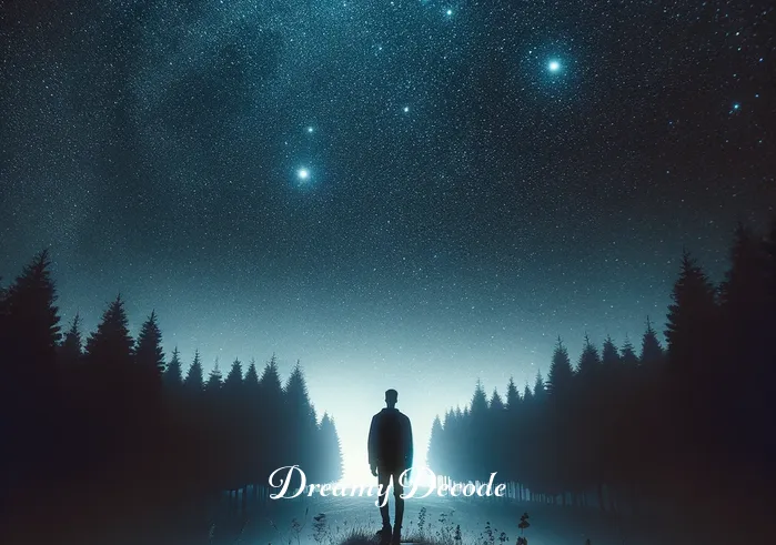 dream meaning black _ A person standing at the edge of a vast, dark forest under a starless night sky, symbolizing the initial step into the unknown realms of dreams.
