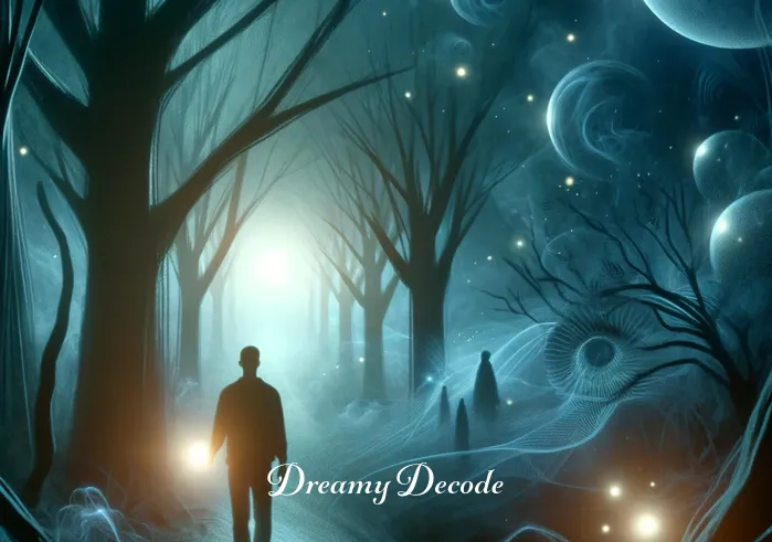 dream meaning black _ The same person now wandering through the dark forest, with a faint light glowing in their hand, representing the exploration and navigation of subconscious thoughts and fears.