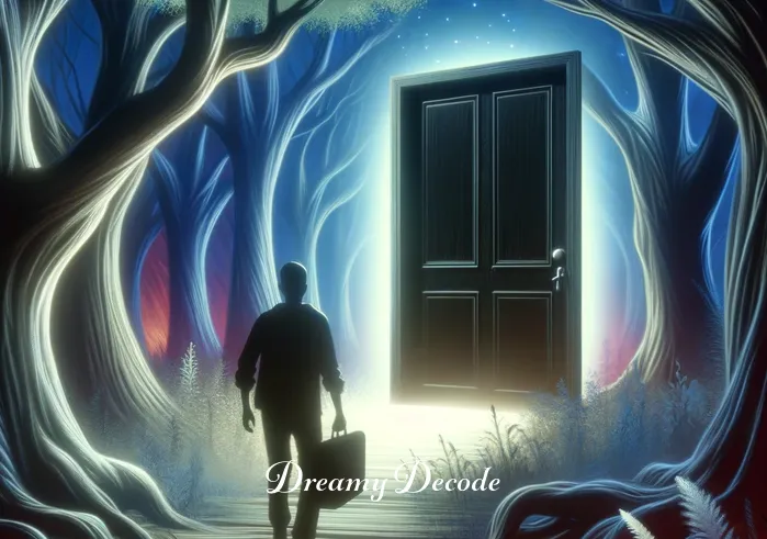 dream meaning black _ A scene depicting the person encountering a large, mysterious black door in the heart of the forest, illustrating the discovery of deep, hidden aspects of the psyche.