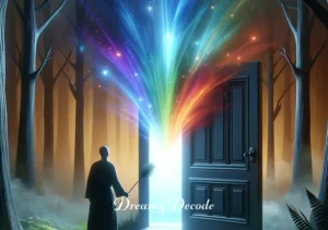 dream meaning black _ The final scene shows the person opening the black door, revealing a burst of colorful light, symbolizing the revelation and understanding of the deeper meanings and insights gained from the dream.