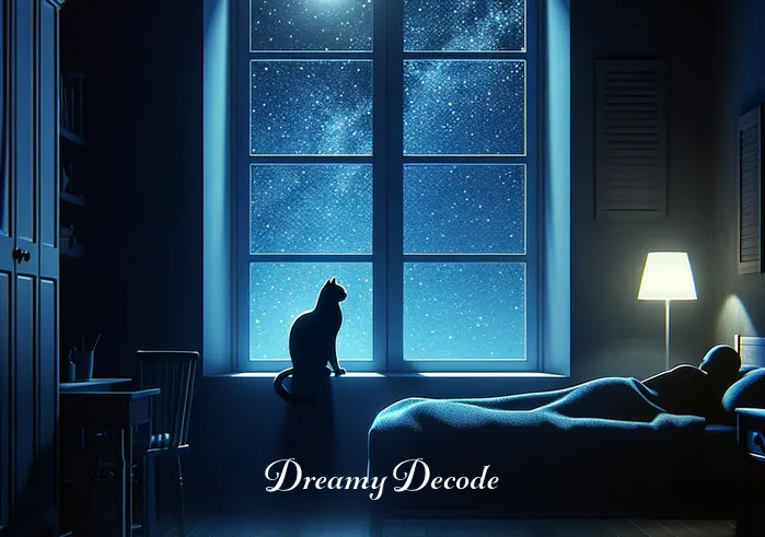 dream meaning black cat _ A person is sleeping peacefully in their bed under a starry night sky, visible through a large window. A shadowy figure of a black cat is sitting on the windowsill, looking inside, illuminated by the moonlight.