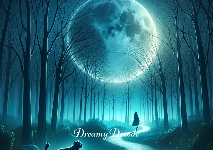 dream meaning black cat _ In the dream, the person finds themselves walking in a mystical forest under a full moon. The black cat from the windowsill now guides them, its eyes glowing softly in the dark, leading the way along a winding path.
