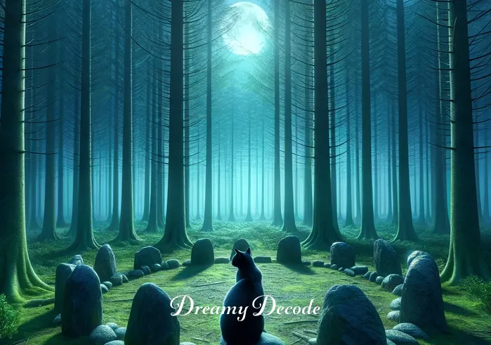 dream meaning black cat _ The dream shifts to a clearing in the forest, where the person and the black cat are surrounded by a circle of ancient stones. The cat sits in the center, radiating a gentle, mysterious energy, as the person looks on with a sense of awe and curiosity.