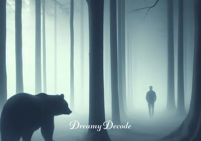 dream meaning bear attack _ The dreamer, now alone again, watches as the bear retreats back into the misty forest. The atmosphere is one of relief and introspection, as the dreamer appears to ponder the encounter, symbolizing a confrontation with inner fears or challenges.