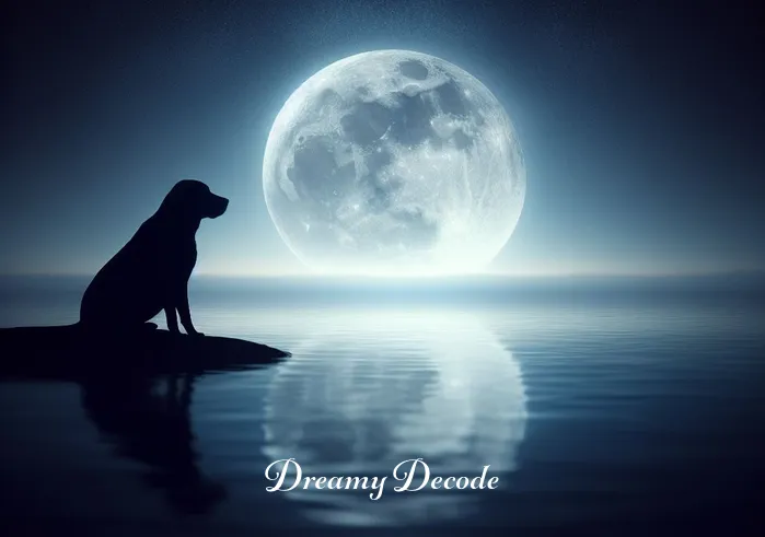 dream meaning black dog _ A serene night sky with a full moon, casting a soft glow on a calm, reflective lake. In the foreground, a shadowy figure of a black dog sits peacefully at the water
