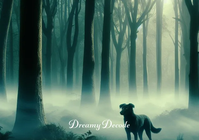 dream meaning black dog _ A dreamlike forest with mist gently swirling among the trees. The black dog from the first scene now wanders through the forest, its eyes glowing with a mild, curious light. The setting is mysterious yet enchanting, suggesting a journey of discovery and exploration into the unknown realms of dreams.