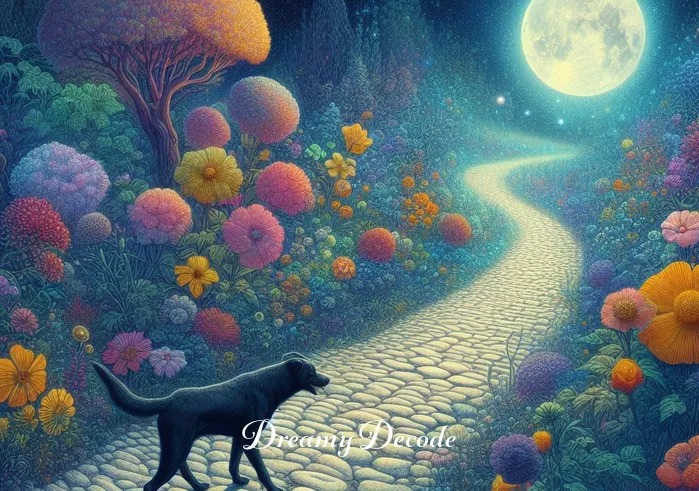 dream meaning black dog _ An ancient, cobblestone path winding through a vibrant, moonlit garden. The black dog trots along the path, pausing to sniff at colorful, nocturnally blooming flowers. This image evokes a sense of progression and growth, paralleling the journey through the subconscious and the unfolding of dream meanings.