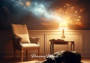 dream meaning black dog _ A warmly lit room with an open book on a table, next to a comfortable chair. The black dog, now relaxed and content, lies nearby, symbolizing the end of the dream journey. The room exudes a sense of understanding and enlightenment, mirroring the resolution and clarity often sought through dream interpretation.