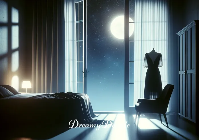dream meaning black dress _ A serene bedroom at night with a large, open window revealing a starry sky. A black dress is draped over a chair, casting a soft shadow on the floor. The room is bathed in moonlight, creating a calm and introspective atmosphere.