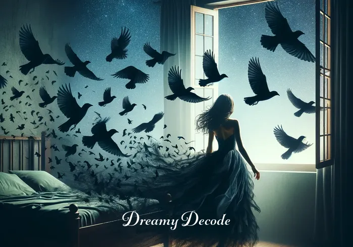 dream meaning black dress _ A dream sequence where the black dress transforms into a flock of dark birds. The birds fly out of the bedroom window into the night sky, symbolizing freedom and the release of deep-seated emotions.