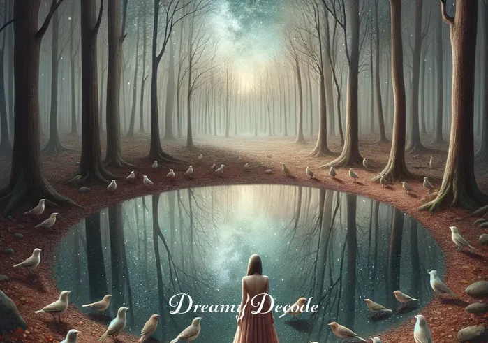 dream meaning black dress _ A surreal scene in a forest where the birds from the dress gather around a reflective pond. The water’s surface mirrors a clear, star-filled sky, representing introspection and the search for inner peace.