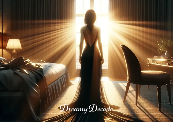 dream meaning black dress _ The final image returns to the bedroom, now at dawn. The black dress is back on the chair, and the first rays of sunlight filter through the window. The scene conveys a sense of closure and the beginning of a new day, implying awakening and enlightenment.