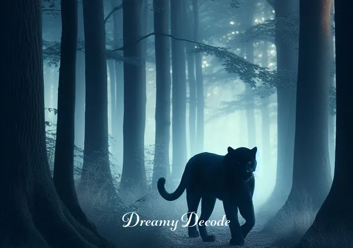 dream meaning black panther _ A serene forest scene at dusk, with a majestic black panther gracefully walking along a misty path. The panther