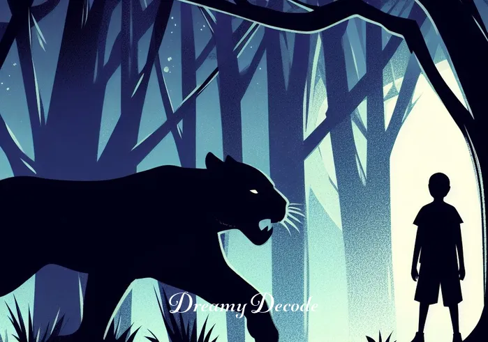 dream meaning black panther _ A dreamer, depicted as a shadowy figure, stands at the edge of the forest, observing the black panther from a distance. The dreamer
