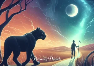 dream meaning black panther _ The final scene shows the dreamer walking alongside the black panther, symbolizing a journey of empowerment and courage. The path ahead is illuminated by the moon, suggesting clarity and guidance found through the dream experience.
