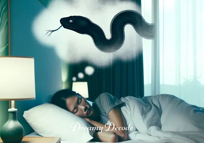 dream meaning black snake _ A person peacefully sleeping in a dimly lit room, a faint silhouette of a black snake appears in the dream bubble above their head.
