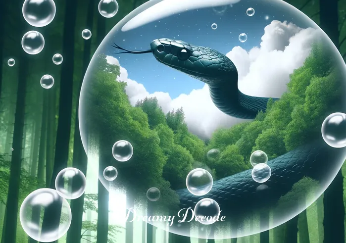 dream meaning black snake _ The dream intensifies, showing the black snake slithering through a lush green forest in the dream bubble, symbolizing exploration and self-discovery.