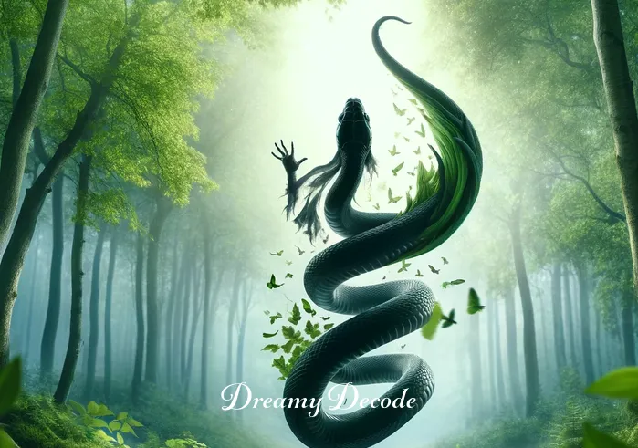 dream meaning black snake _ In the dream, the snake sheds its skin gracefully, representing transformation and renewal, with the old skin lying on the forest floor.