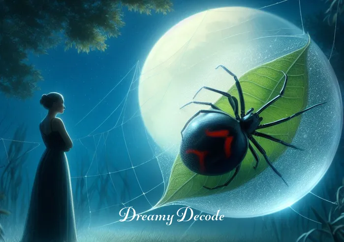 dream meaning black widow _ A dreamer stands in a serene, moonlit garden, gazing at a delicate black widow spider weaving an intricate web on a dewy leaf. The spider