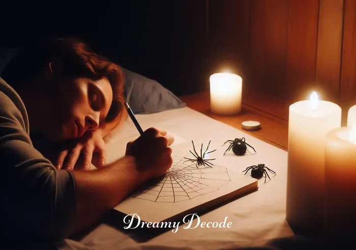 dream meaning black widow _ The scene transitions to the dreamer sitting peacefully at a wooden desk, illuminated by soft candlelight. They