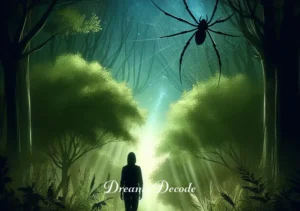 dream meaning black widow _ The final image shows the dreamer walking confidently through a lush, green forest, with light filtering through the canopy above. This represents the dreamer's journey of personal growth and empowerment, having embraced the lessons and messages from their black widow dream.