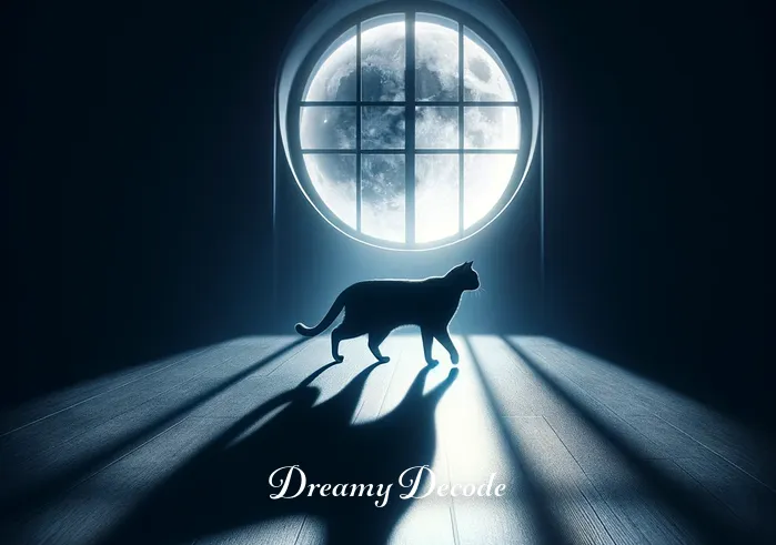 dream meaning of black cat _ The dream progresses to show the black cat walking towards a moonlit window, casting an elongated shadow on the floor, embodying mystery and intrigue in the dream world.