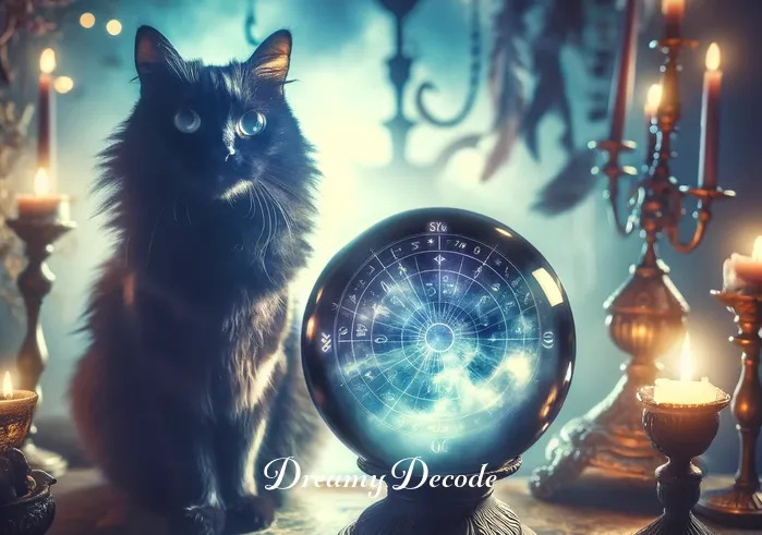 dream meaning of black cat _ The black cat in the dream sits beside a crystal ball on a table, reflecting the theme of foresight and intuition associated with black cats in dreams.