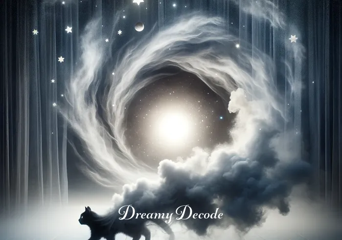 dream meaning of black cat _ The dream concludes with the black cat vanishing into a swirl of mist, leaving behind a sense of curiosity and wonder, symbolizing the ephemeral nature of dreams.