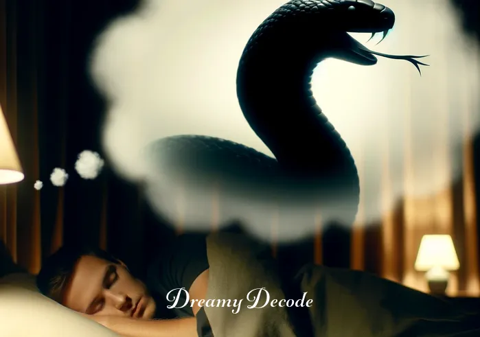 dream meaning of black snake _ A person asleep in a peaceful bedroom, with a shadowy figure of a black snake slithering in the background, symbolizing the beginning of a dream about a black snake.