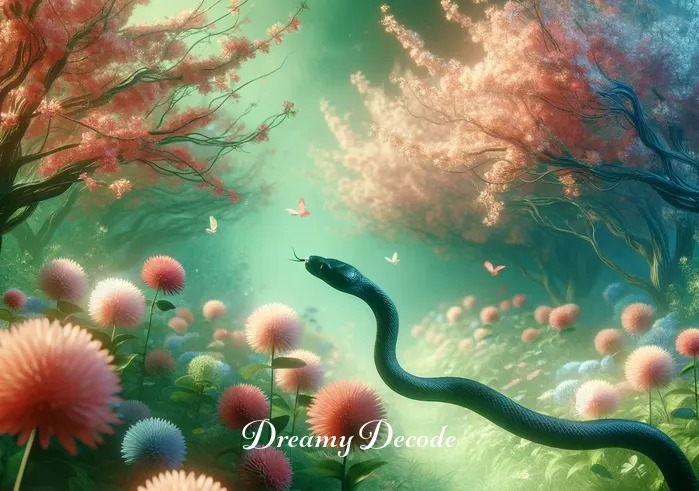 dream meaning of black snake _ The dream shifts to a serene garden setting where the black snake is seen gliding gracefully among blooming flowers, representing the snake exploring the dreamer