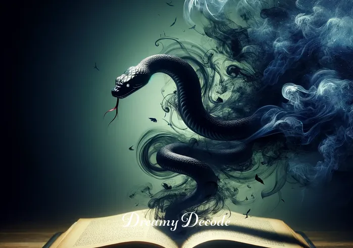 dream meaning of black snake _ In the dream, the black snake transforms into a stream of dark smoke, swirling around an open book, signifying the dreamer