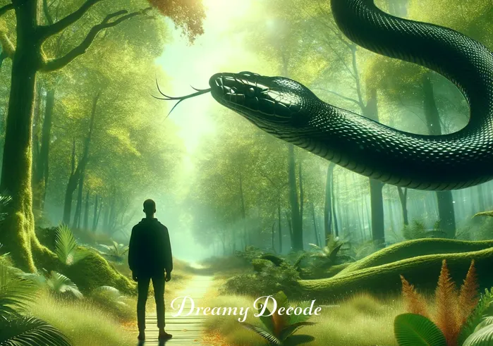 dream of a black snake meaning _ A dream sequence where the same person is standing in a lush green forest. A large, glossy black snake slowly slithers across the forest floor, its scales shimmering in the dappled sunlight. The person watches with a curious, not fearful, expression.