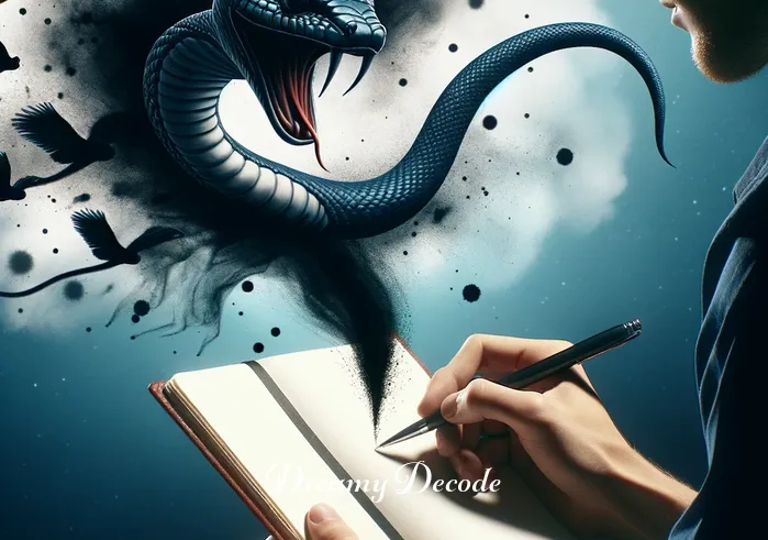 dream of a black snake meaning _ The scene shifts to show the person in the dream now holding a notebook and pen, thoughtfully jotting down notes. In the background, the black snake transforms into a trail of black ink, symbolizing the person