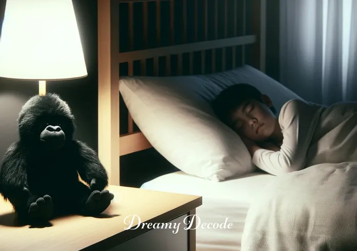 dream of black gorilla meaning _ A person sleeping peacefully in a softly lit room, with a plush black gorilla toy resting on the nightstand, symbolizing the beginning of a dream about a black gorilla.