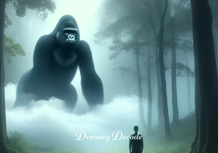 dream of black gorilla meaning _ The dreamer standing in a serene, misty forest, with a gentle, large black gorilla appearing from the mist, symbolizing a sense of awe and curiosity in the dream.