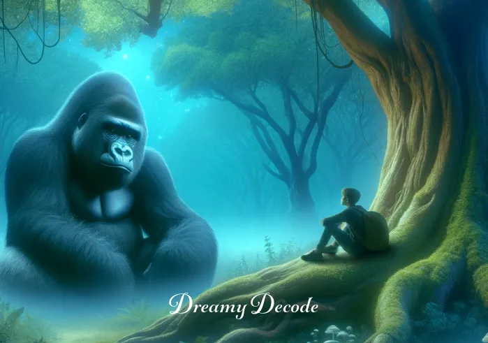dream of black gorilla meaning _ The dreamer and the black gorilla sitting together under a large, ancient tree in the dream, exchanging a peaceful gaze, signifying a deep connection and understanding.