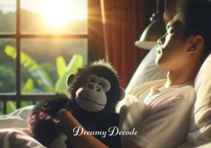 dream of black gorilla meaning _ The dreamer waking up in their bed, with the first rays of sunrise filtering through the window, holding the plush gorilla toy, signifying the end of the dream and a feeling of tranquility.