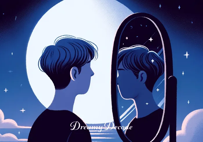 dream of having long black hair spiritual meaning _ A person standing in front of a mirror, looking thoughtfully at their short hair, with an expression of longing on their face. The mirror reflects their image against a backdrop of a serene, moonlit night sky, symbolizing introspection and the beginning of a spiritual journey.