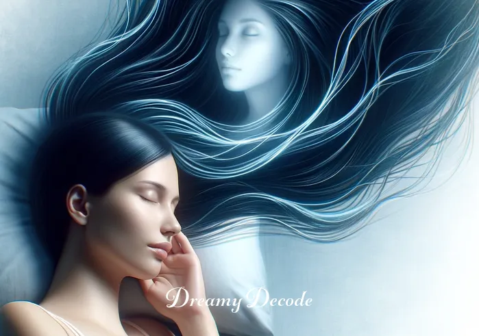 dream of having long black hair spiritual meaning _ The same person asleep, with a peaceful expression on their face. They are dreaming, visualized by a faint, ethereal image of long, flowing black hair enveloping them like a gentle wave, representing their deep desire and the spiritual significance they associate with such hair.