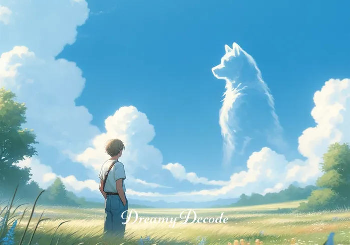 dream meaning dog attack _ A dreamer stands in a peaceful meadow, gazing with curiosity at a distant, blurry figure of a dog. The scene is serene, with a clear blue sky and wildflowers dotting the green field.