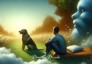 dream meaning dog attack _ The dreamer and the dog are seen interacting peacefully. The dreamer is sitting on the grass, with the dog nearby, looking relaxed and no longer anxious. The atmosphere is calm, symbolizing a resolution of initial fears.