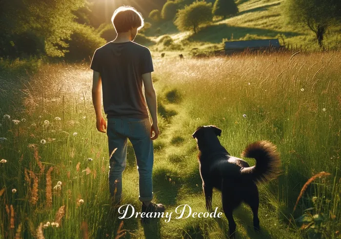 friendly black dog dream meaning _ A person standing in a sunlit meadow, looking intrigued as they notice a friendly black dog approaching from a distance. The dog