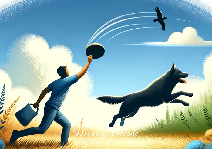 friendly black dog dream meaning _ The person and the black dog playing joyfully in the meadow, with the person throwing a frisbee and the dog leaping to catch it. This scene conveys a sense of freedom, happiness, and the strengthening of a bond between the dreamer and the dog.